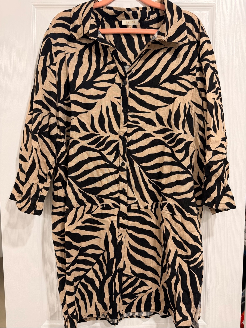 LAURA Black and Beige Zebra-Print Long Sleeve Shirt Dress